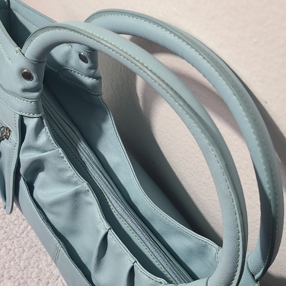 Y2K Blue Faux Leather Shoulder Bag | Slouchy Mini Tote w/ Zip Pockets - Picture 10 of 16